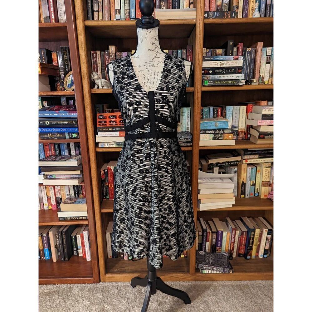Dorothee Schumacher v neck black mesh with floral burnouts cocktail dress sz m n